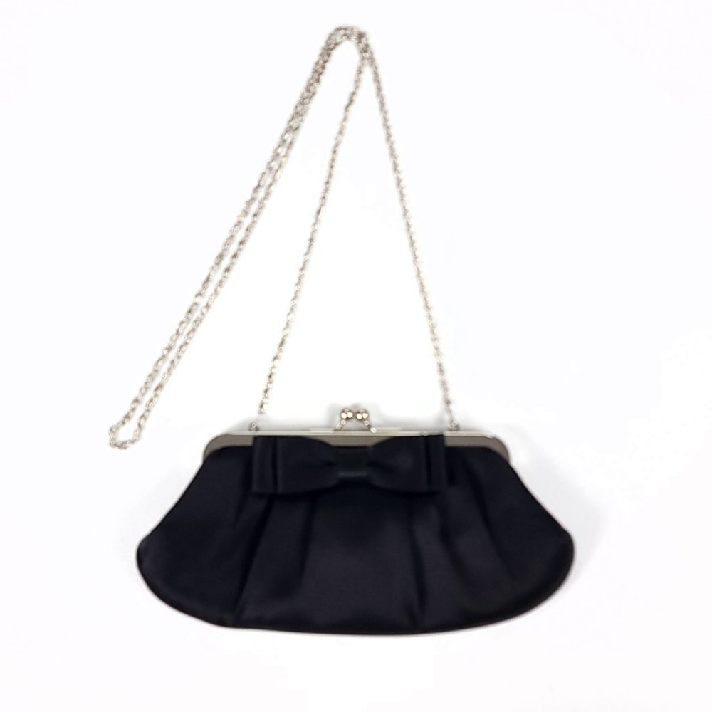 Sasha New York Black‎ Satin Bow Evening Clutch Bag Silver Chain Kiss Lock